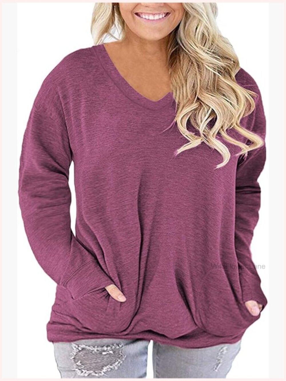 Plus Size V Neck Long Sleeve Shirt with Pockets Tunics